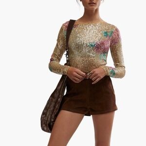 Free People Gold Rush Floral Sequin Top, Champagne/Pink,‎ Medium, NWOT